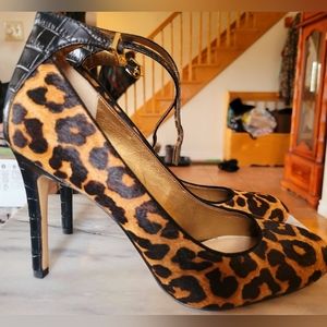 leopard print Sam Edelman stiletto heels with ankle clasp.
